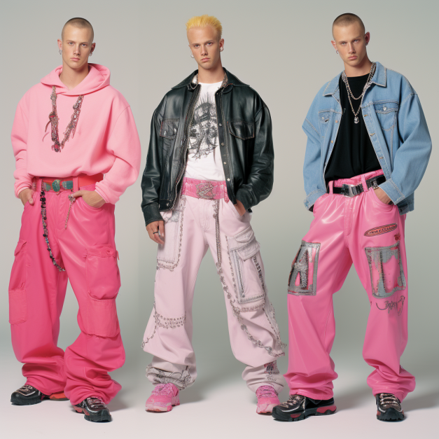 Three men pose in bold, neon pink streetwear, each wearing distinct outfits: one in a pink hoodie and cargo pants, another in a black leather jacket over a graphic tee with pink pants, and the third in a denim jacket with pink pants featuring graphic patches. All wear chunky sneakers and layered necklaces, exuding a retro-punk aesthetic.