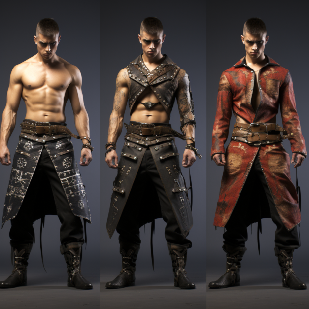 Three muscular men stand side by side in dark, stylized armor and clothing, each with a unique outfit: the first is bare-chested with a patterned skirt-like garment, the second wears a leather vest and pants with a belt, and the third sports a long, distressed red coat over dark pants and boots.