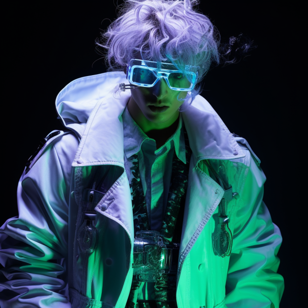 A person with vibrant purple hair and glowing blue goggles stands against a black background, wearing a white jacket illuminated by green and blue neon lighting.