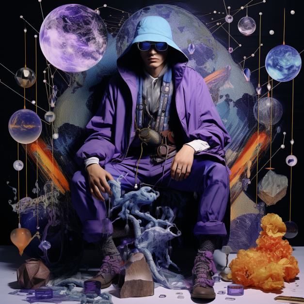 A person in a purple hooded outfit and blue hat sits on a throne-like chair, surrounded by surreal cosmic elements including floating planets, glowing orbs, and abstract organic forms, with a large planet-like backdrop.