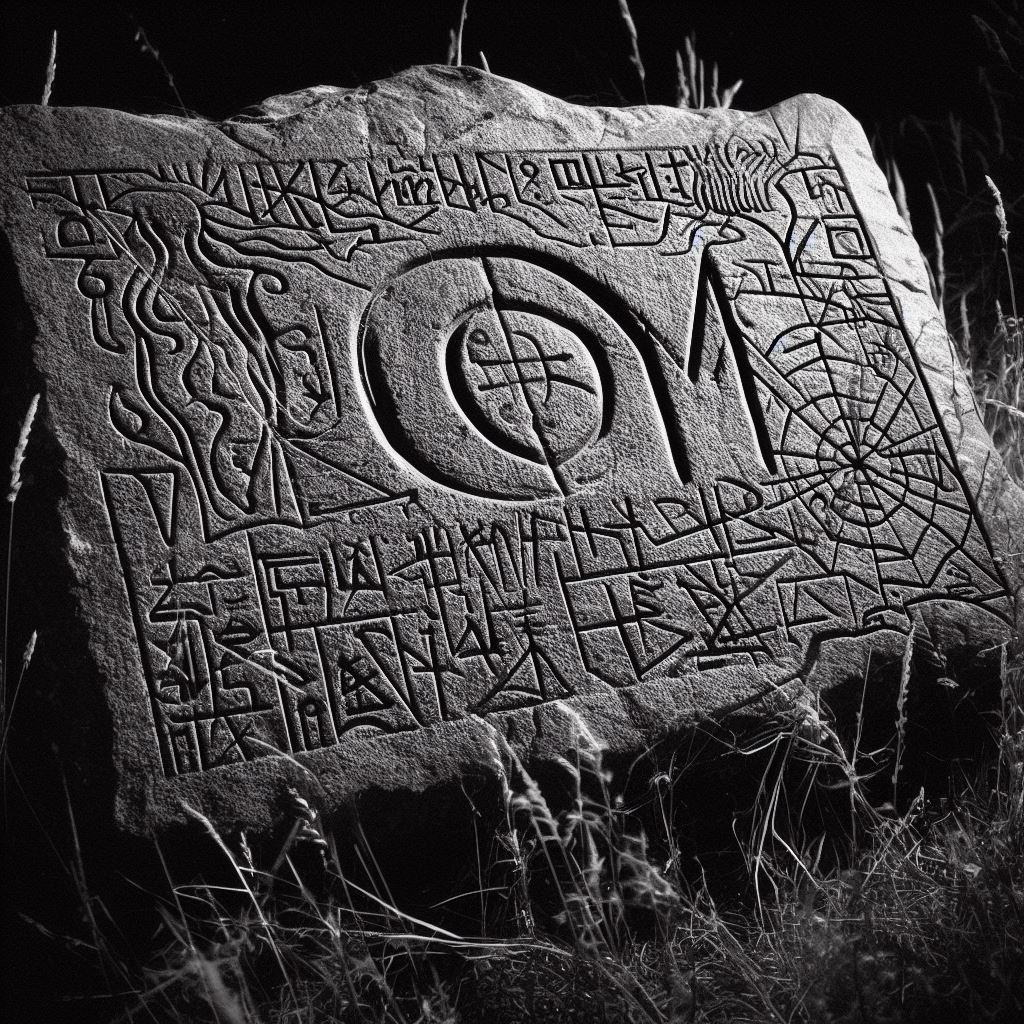 A black-and-white photograph of a weathered stone slab engraved with intricate, abstract symbols and patterns, including a central circular design, set amidst tall grass in a dark, natural environment.