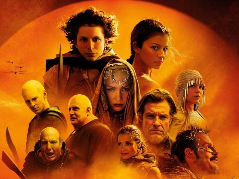 A group of nine characters from the movie "Starship Troopers" are depicted in a fiery orange and yellow sky, with a large planet or sun in the background. The characters show diverse expressions and outfits, including armor and futuristic gear, suggesting a science fiction war setting.