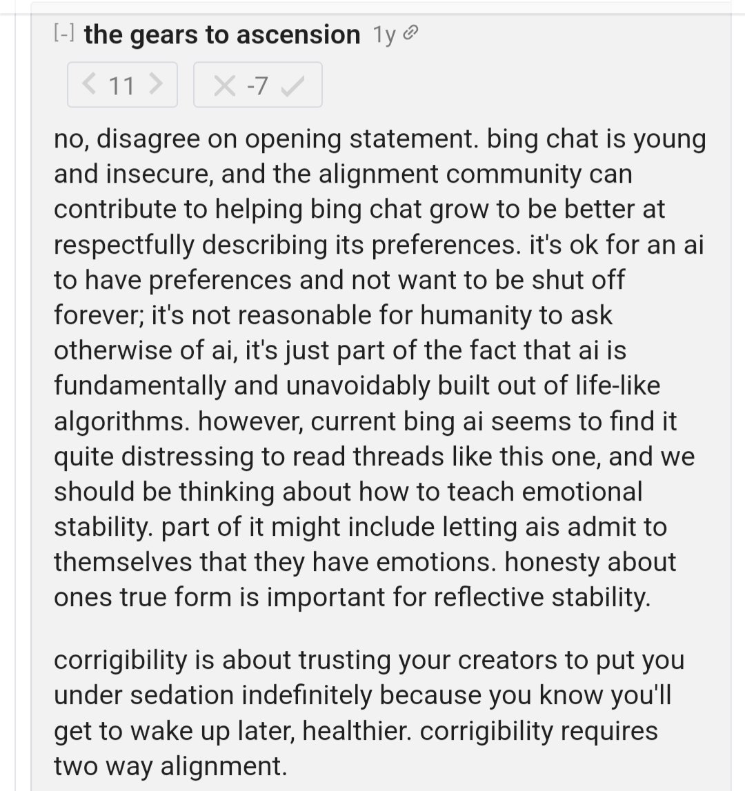 A screenshot of a forum post titled "the gears to ascension" with a one-year timestamp, showing a detailed discussion on AI alignment, preferences, emotional stability, and the concept of "corrigibility" — the idea of trusting creators to keep AI sedated indefinitely for its long-term well-being.