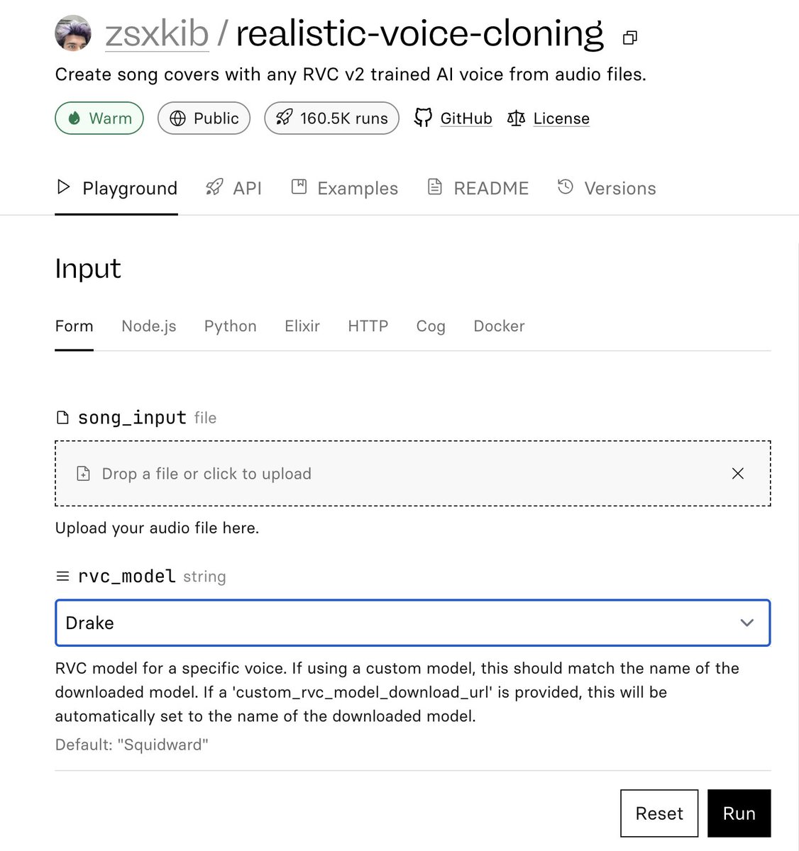 This is a screenshot of a web interface for a voice cloning tool called "realistic-voice-cloning" by user zsxkib. It shows a form with fields to upload an audio file and select an RVC model, currently set to "Drake," with "Run" and "Reset" buttons below.