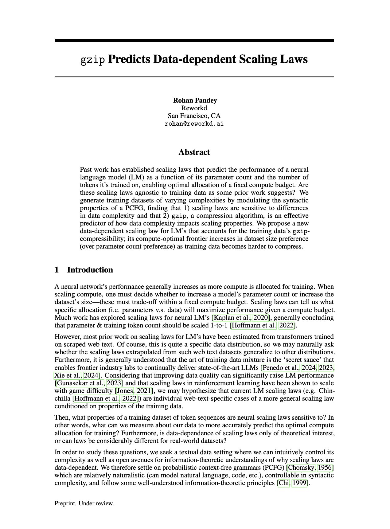 This is the first page of a research paper titled "gzip Predicts Data-dependent Scaling Laws" by Rohan Pandey from Rewordk, featuring an abstract and introduction discussing scaling laws for neural language models and their sensitivity to training data complexity, with a focus on gzip compression as a predictor.