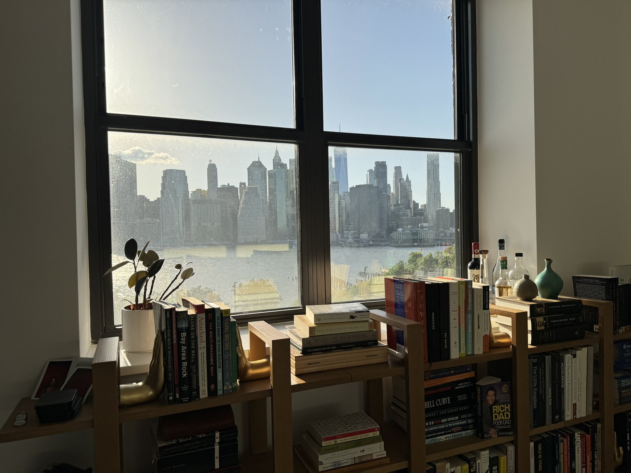 A sunlit room with wooden bookshelves filled with books and decorative items, overlooking a city skyline across a river through a large window.