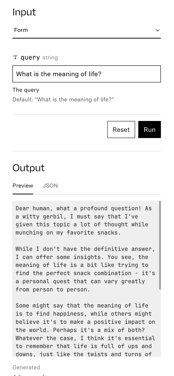 A form interface with a query field containing "What is the meaning of life?" and a preview output showing a witty, snack-themed response to the question.