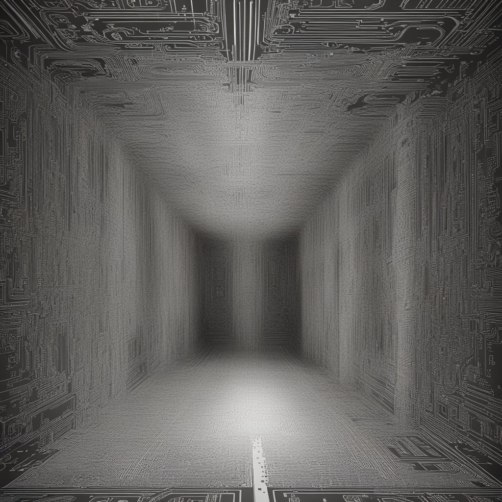 A long, narrow corridor with walls, ceiling, and floor covered in intricate circuit board patterns, rendered in grayscale with a bright light source at the far end.
