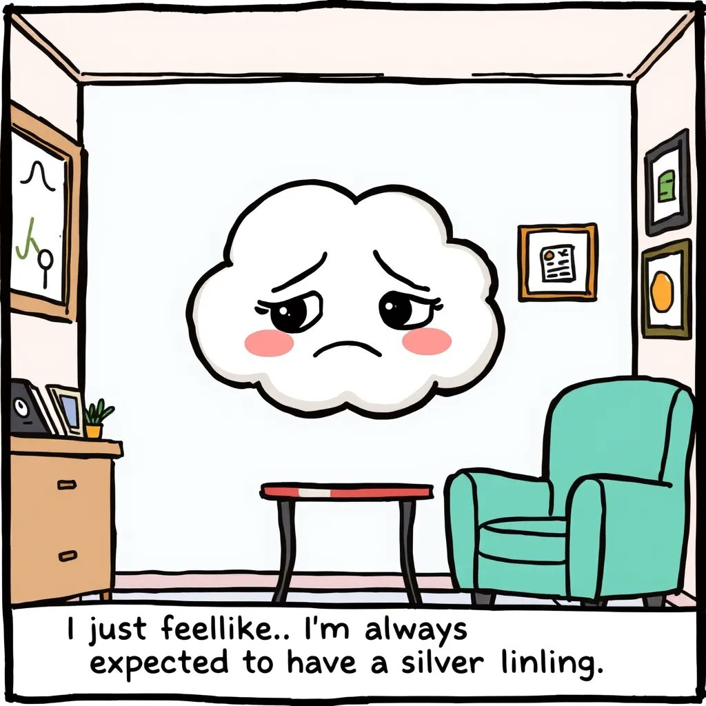 A sad, fluffy white cloud with pink cheeks and downturned eyes floats in a cozy room with a green armchair, a small table, and framed pictures on the walls. The cloud says, “I just feel like... I’m always expected to have a silver lining.”