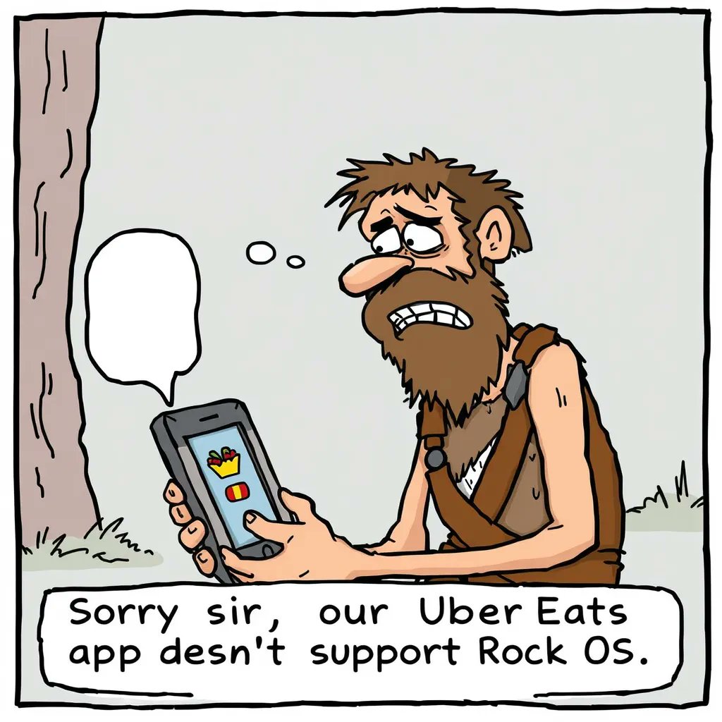 A cartoon caveman with a beard and frowning face is holding a modern smartphone, looking frustrated. The phone screen shows a food delivery app, and a speech bubble reads, “Sorry sir, our Uber Eats app doesn’t support Rock OS.”