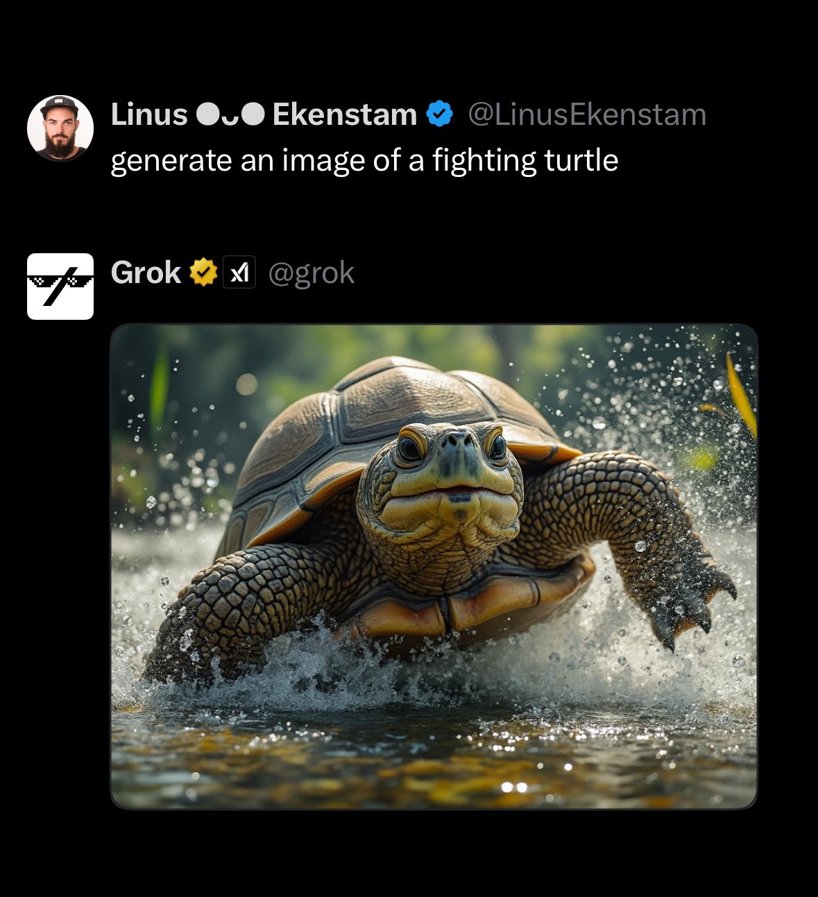 A detailed, high-resolution image of a turtle splashing through water, its front flippers extended and water droplets flying around it, capturing a dynamic, powerful moment.