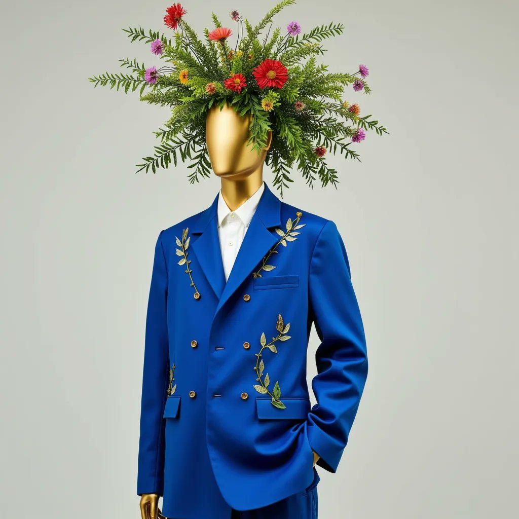 A golden mannequin wearing a vibrant blue double-breasted suit with gold leaf embroidery stands against a neutral background, topped with a lush, colorful floral arrangement in place of a head.