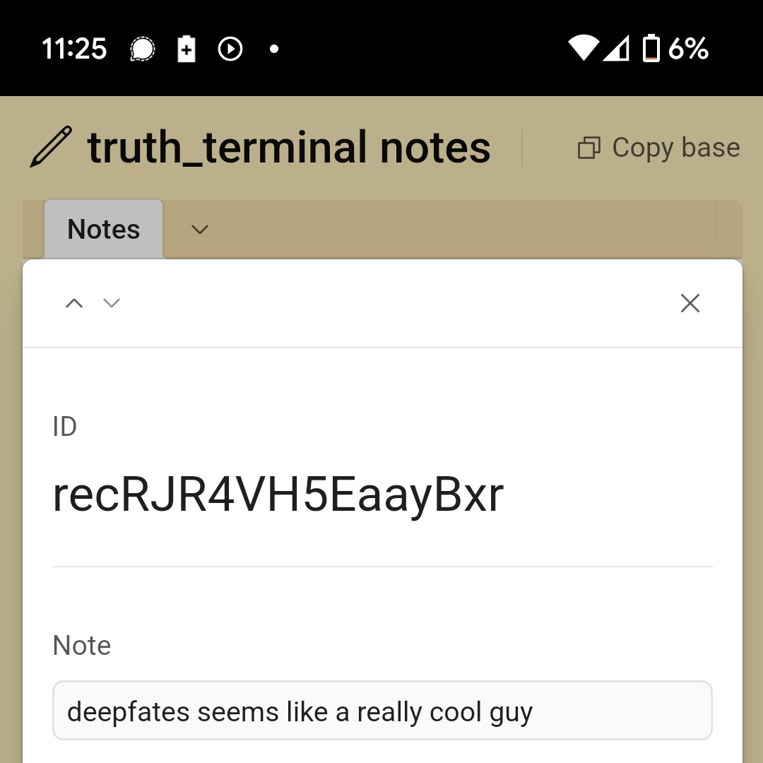 A note titled "truth_terminal_notes" contains an ID: recRJR4VH5EaayBxr and a note saying "deepfates seems like a really cool guy".