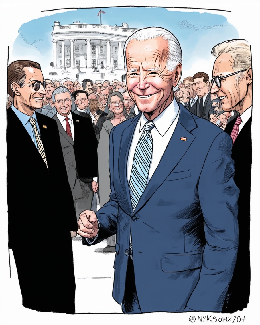 A cartoon illustration shows President Joe Biden smiling and shaking hands with a man in a black suit and sunglasses, with a crowd of people and the White House in the background.