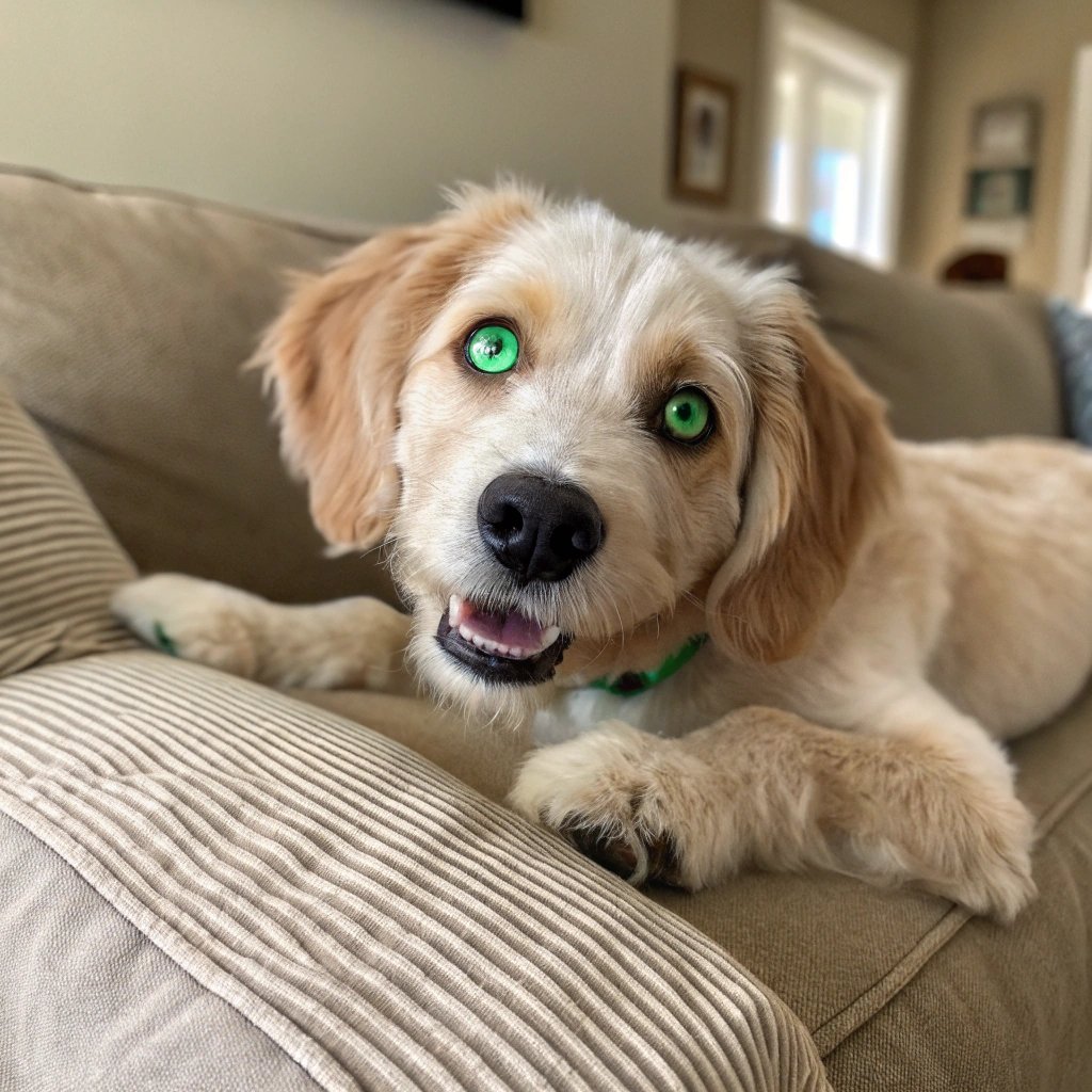 A fluffy, light-colored puppy with bright green eyes lies on a beige couch, smiling with its mouth open and paws resting on the cushion.