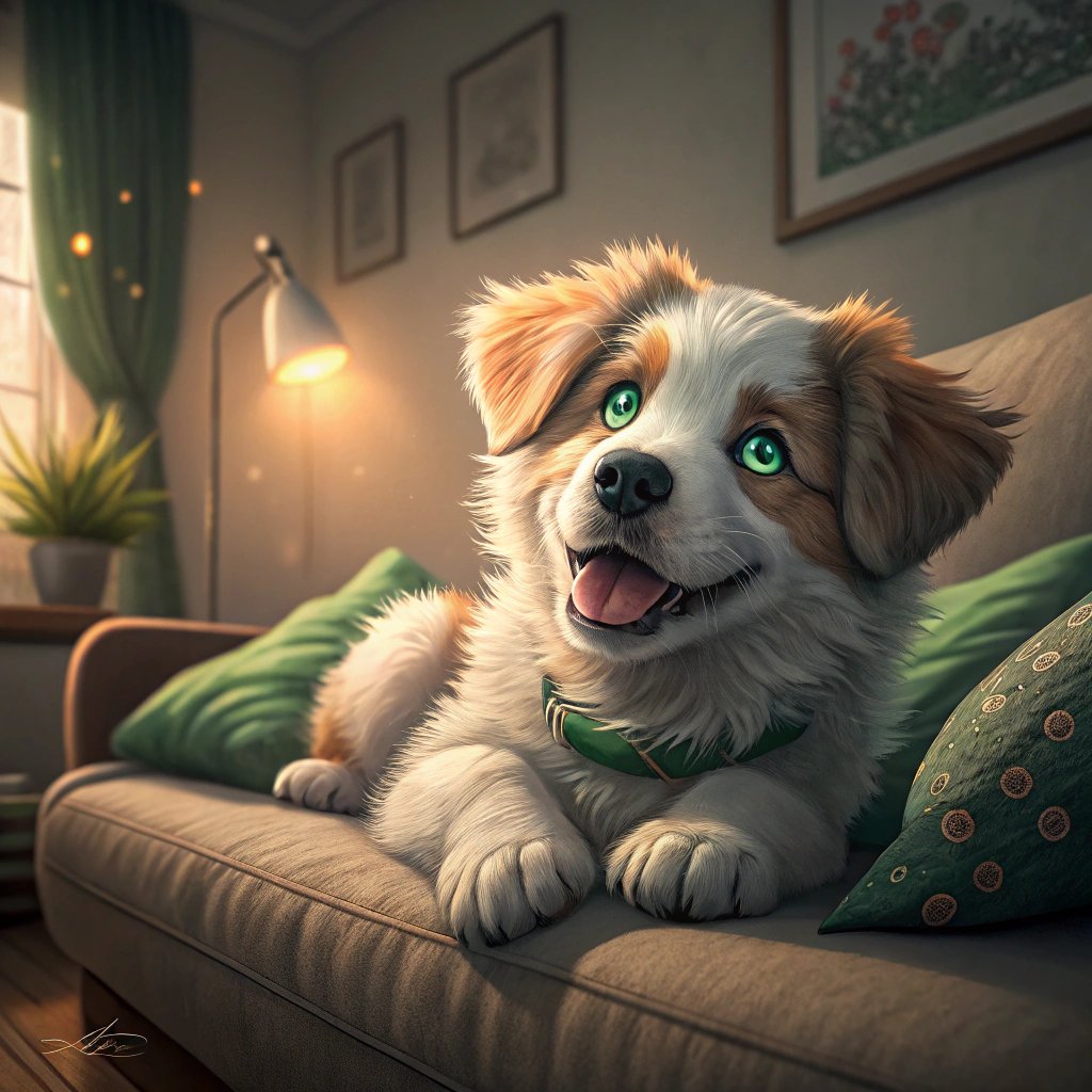 A fluffy white and brown puppy with bright green eyes sits happily on a beige couch, wearing a green collar, surrounded by green pillows in a warmly lit living room.