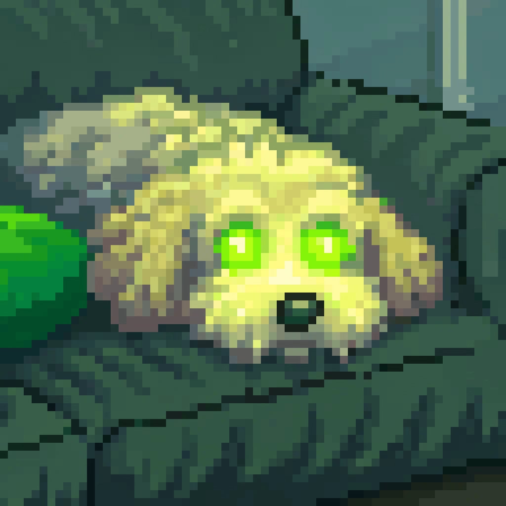 A pixelated, glowing yellow creature with bright green eyes and a black nose, set against a dark green background.