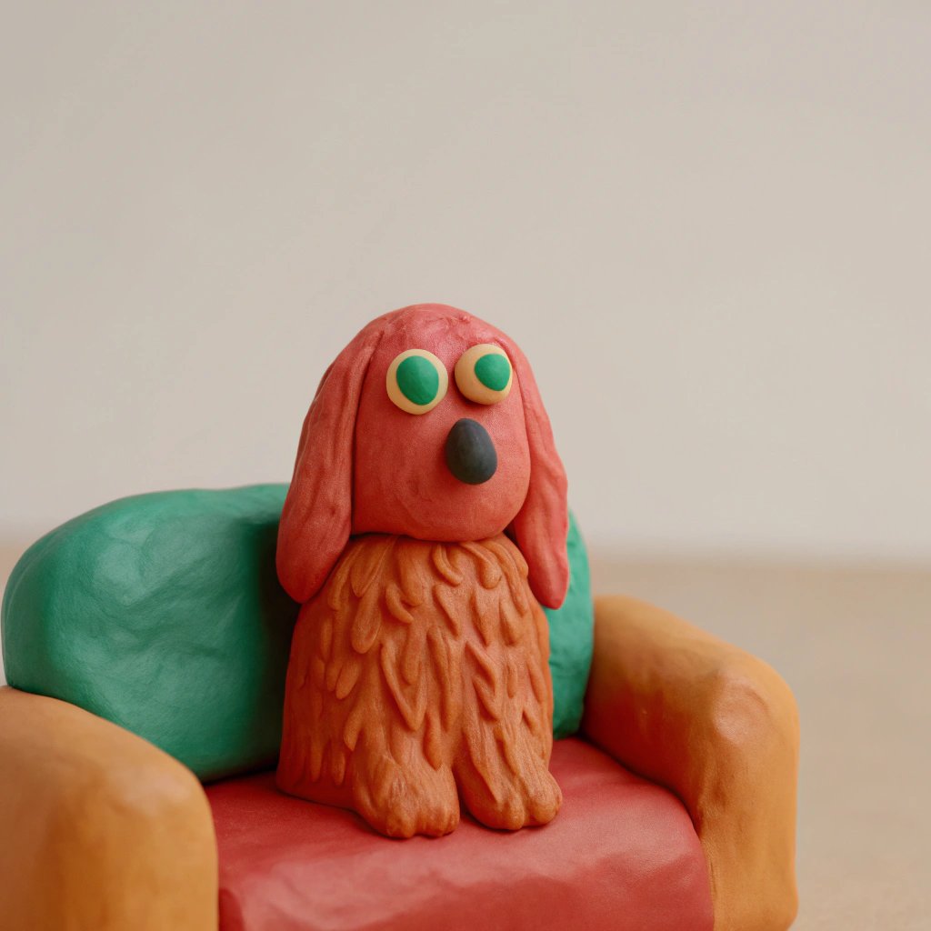A clay sculpture of a red, long-eared dog with green eyes sits on a colorful armchair made of orange, green, and red clay.
