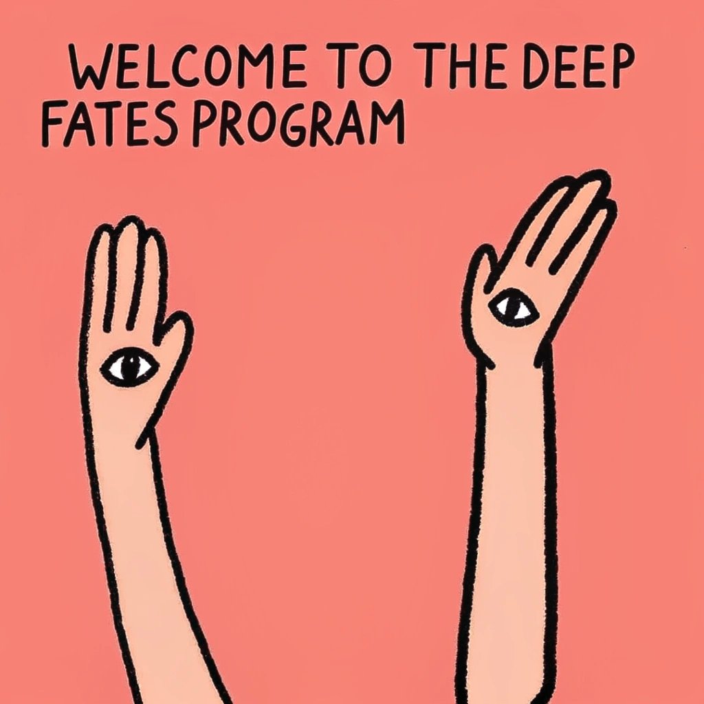 Two raised hands with eyes in the palms, against a pink background, with the text "WELCOME TO THE DEEP FATES PROGRAM" above.