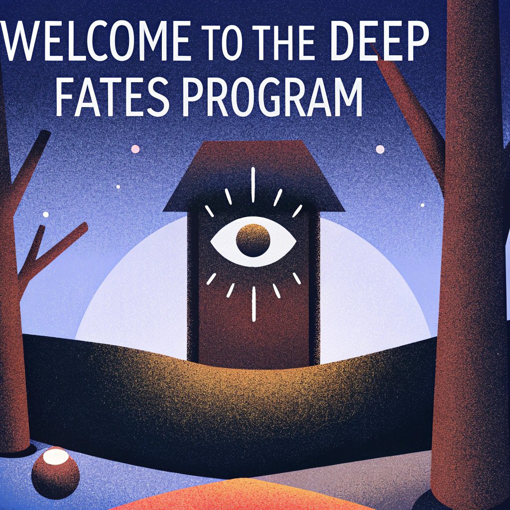 Welcome to the Deep Fates Program: a stylized illustration of a dark, mysterious tower with a glowing eye at its center, set against a starry night sky with trees and a glowing orb on the ground.