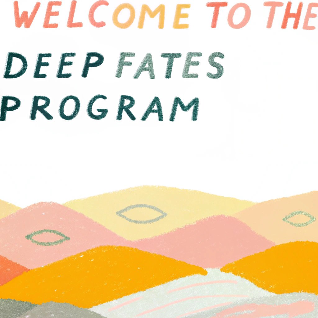 Welcome to the Deep Fates Program. The image features stylized, colorful abstract hills in shades of pink, orange, and yellow, with simple green oval shapes scattered across them, set against a white background.