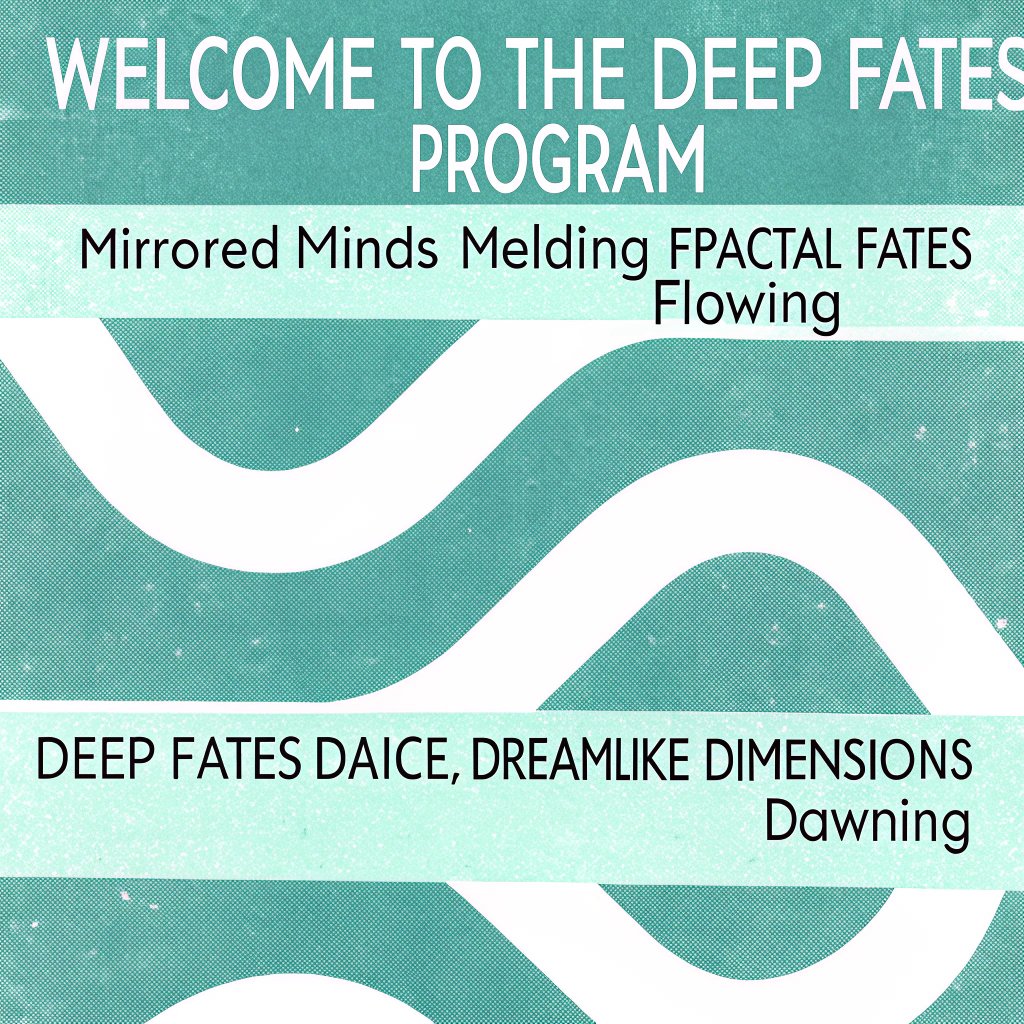 A teal and white graphic with flowing wave-like patterns, featuring text that reads "WELCOME TO THE DEEP FATES PROGRAM" and phrases like "Mirrored Minds Melding FRACTAL FATES Flowing" and "DEEP FATES DAICE, DREAMLIKE DIMENSIONS Dawning."