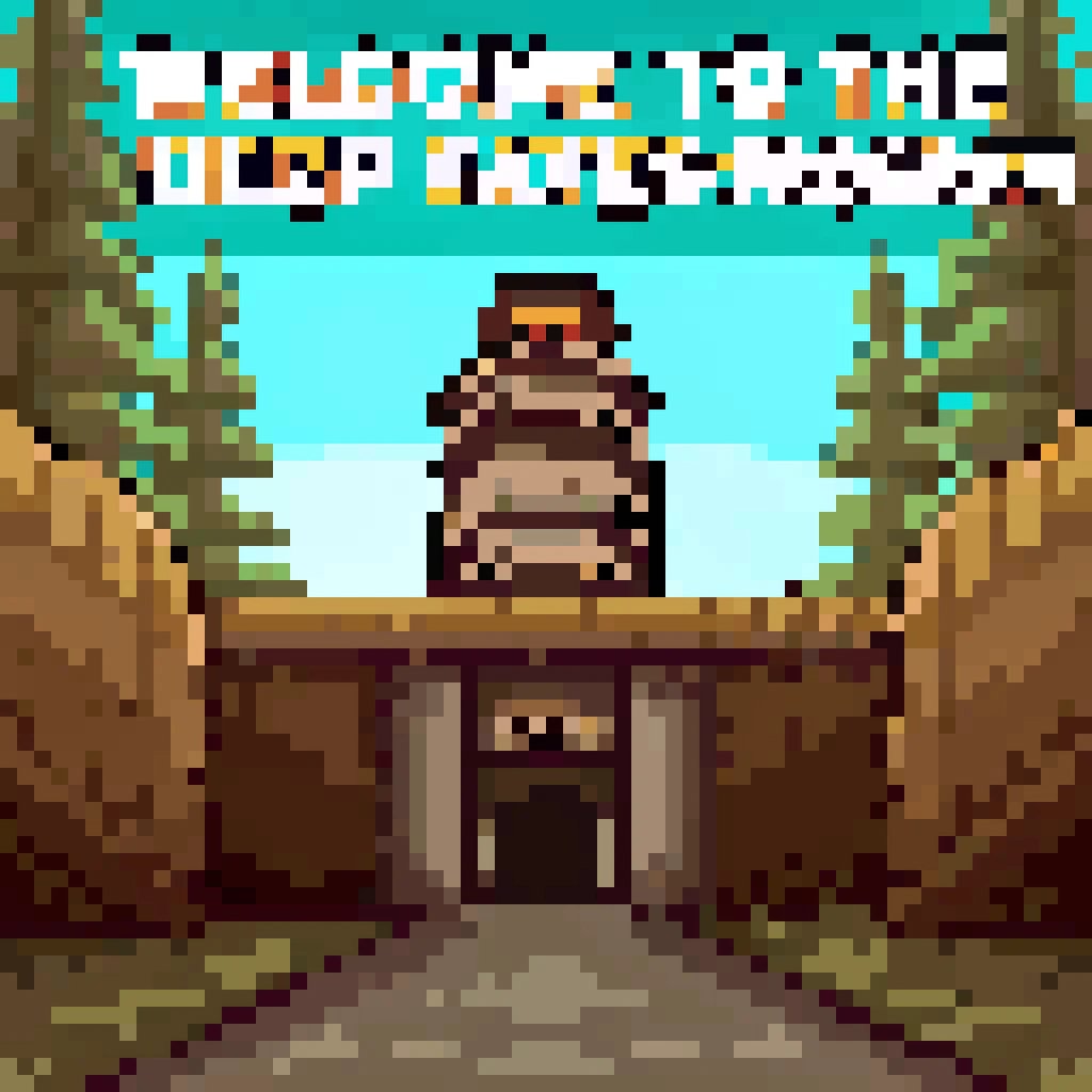 A pixel art image depicting a wooden door with a brown, pixelated figure standing in front of it, set against a backdrop of trees and a blue sky. The text above reads “WELCOME TO THE OUTFIT WORLDS.”