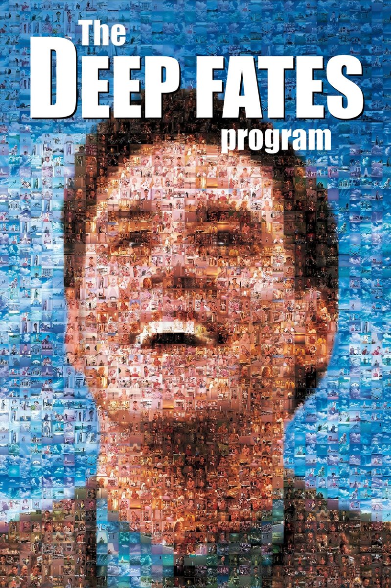 The Deep Fates program poster features a mosaic portrait of a man's face made from hundreds of small images, set against a blue background of similar smaller images. The title is prominently displayed in bold white text at the top.