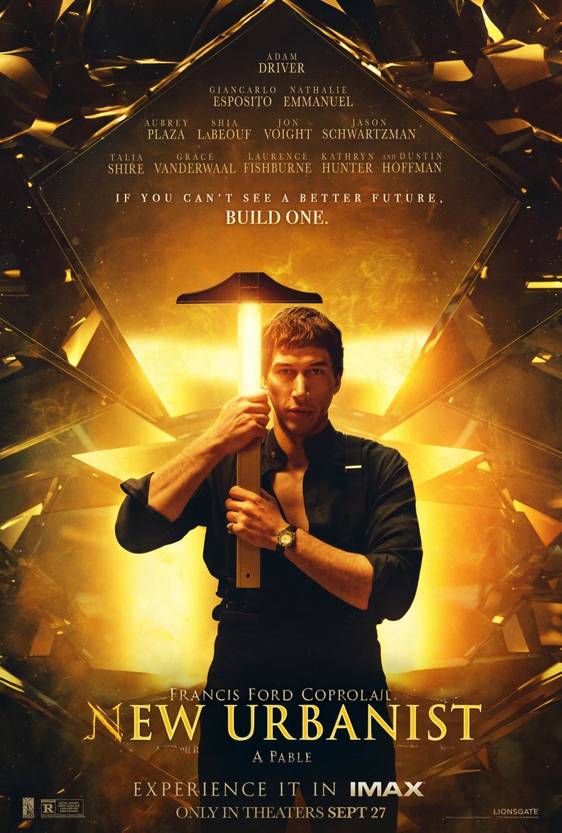 A man in a black shirt holds a glowing hammer against a golden, geometric background, with the movie title "New Urbanist" and the tagline "If you can't see a better future, build one" prominently displayed.