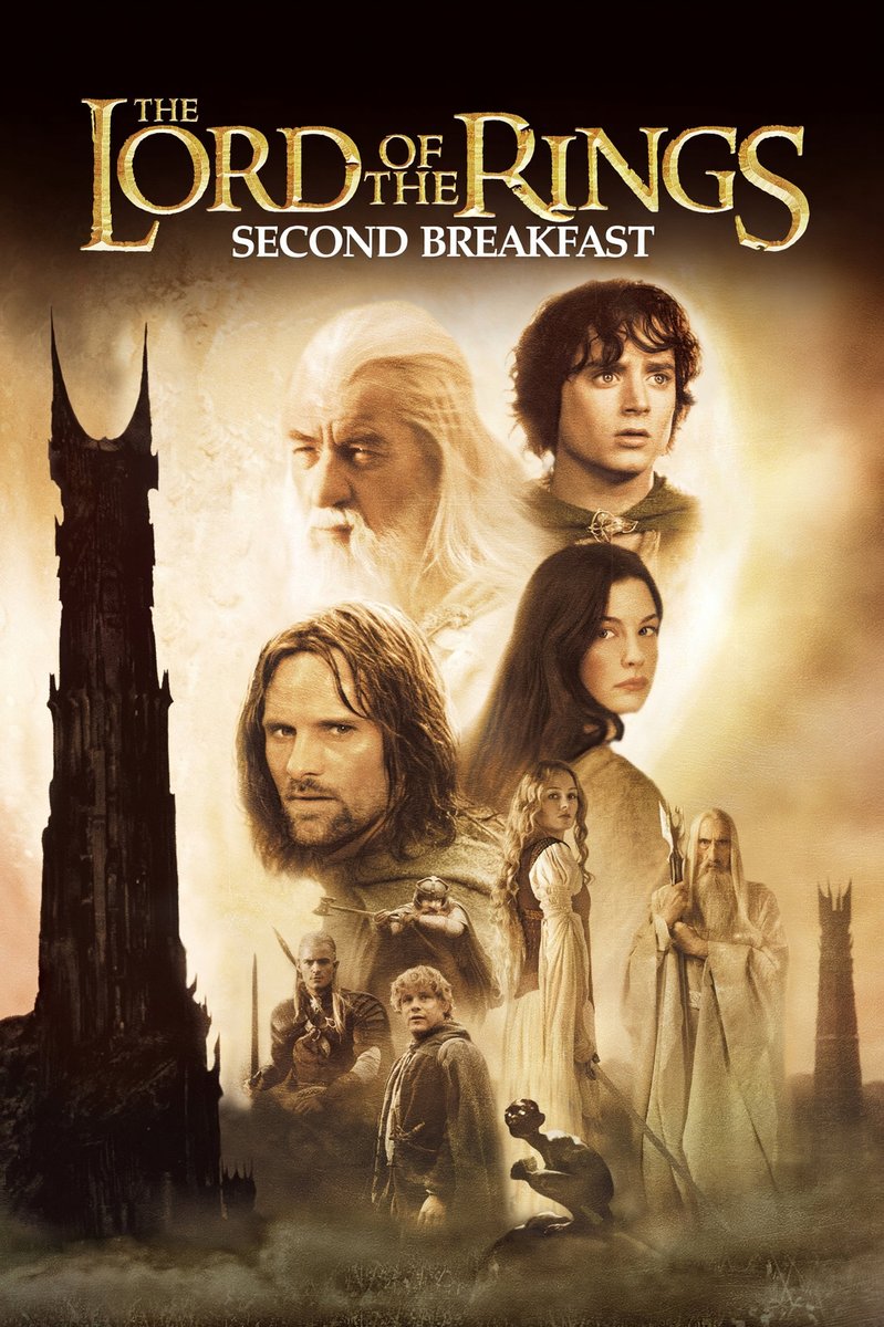 This is a movie poster for "The Lord of the Rings: Second Breakfast," featuring a collage of key characters from the film, including Gandalf, Frodo, Aragorn, and others, set against a backdrop of dark, towering structures and a warm, golden light.