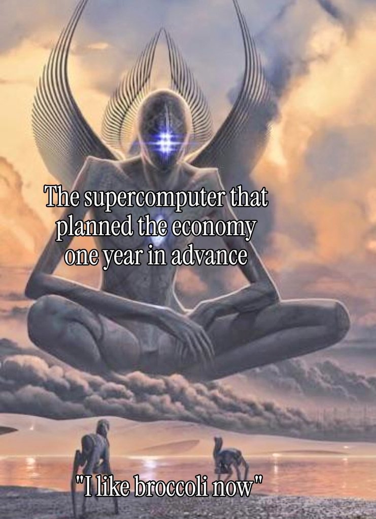 A large, winged, glowing figure sits in meditation above clouds, while two small figures stand below on a beach. Text reads: "The supercomputer that planned the economy one year in advance" and "I like broccoli now."