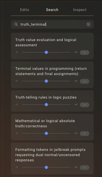 A search bar with "truth_terminal" typed in, displaying five search results with sliders for adjusting truth-related parameters in a dark-themed interface.