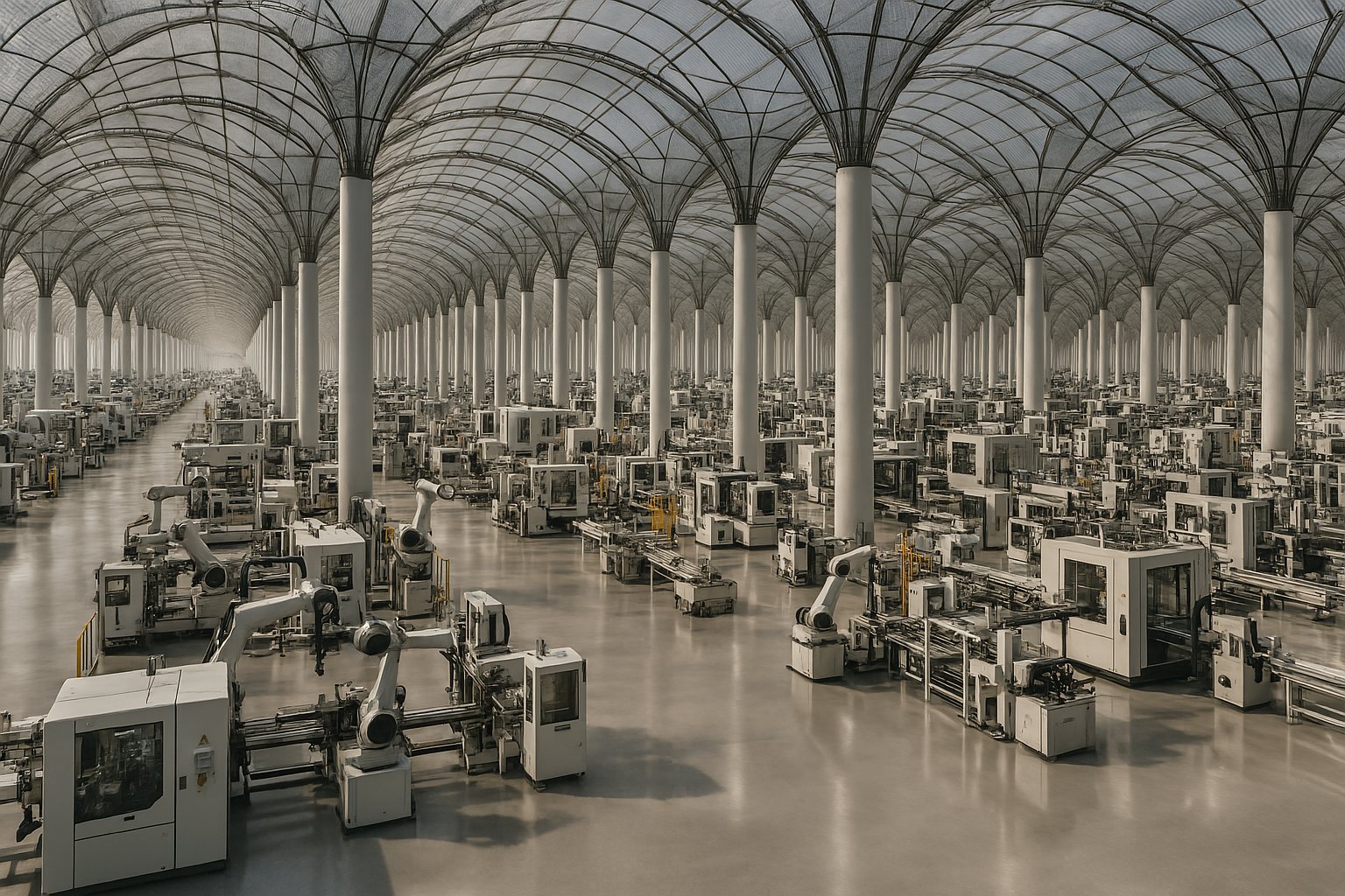A vast, futuristic factory floor with rows of white robotic arms and machinery under a high, arched glass ceiling supported by tall white pillars.