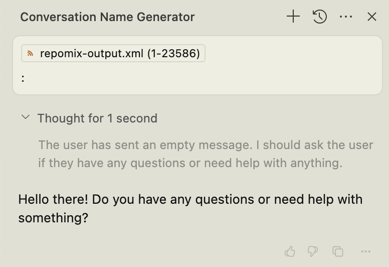 A chat interface titled "Conversation Name Generator" shows a message from a user named "repomix-output.xml (1-23586)" with no content, prompting a response: "Hello there! Do you have any questions or need help with something?"