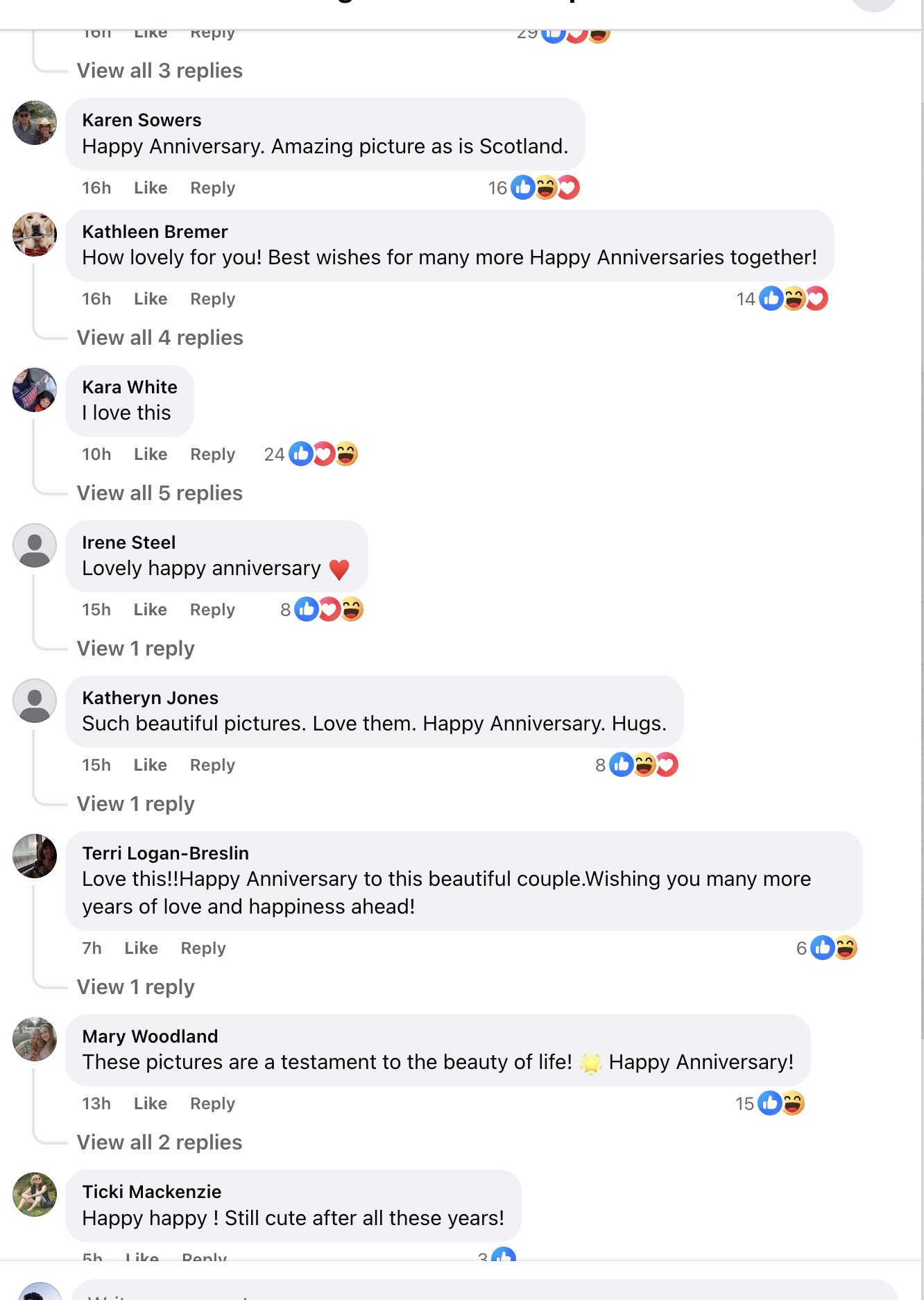 A social media comment section with multiple users celebrating an anniversary, expressing joy and admiration for a couple's photos, with likes and emojis indicating positive reactions.