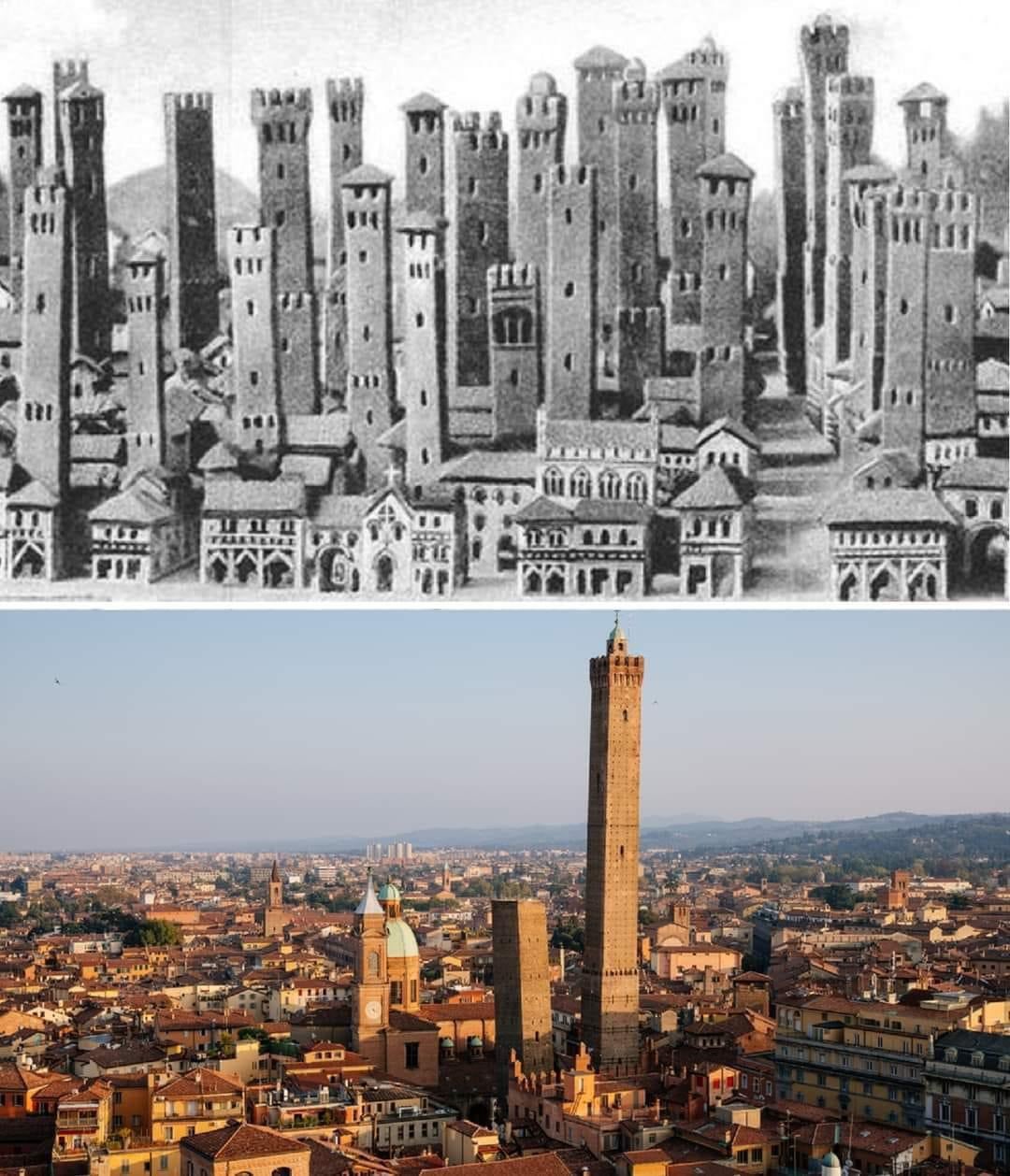 The image displays two views of Bologna, Italy: the top is a vintage black-and-white photograph showing a dense cluster of tall, medieval towers and buildings, while the bottom is a modern, colorful aerial view featuring the iconic Torre del Mangia and surrounding cityscape under a clear sky.