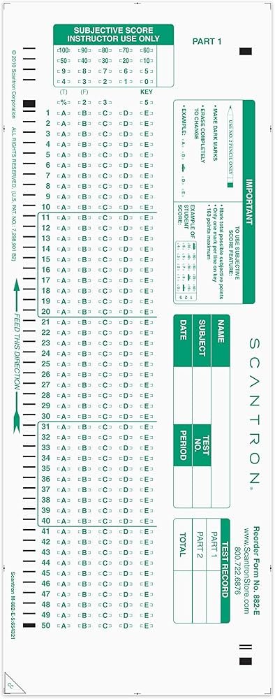 A Santiron test score sheet for subjective scoring, marked "Instructor Use Only," featuring 50 answer bubbles with letter codes, a key for scoring, and fields for student name, date, subject, period, and total scores.
