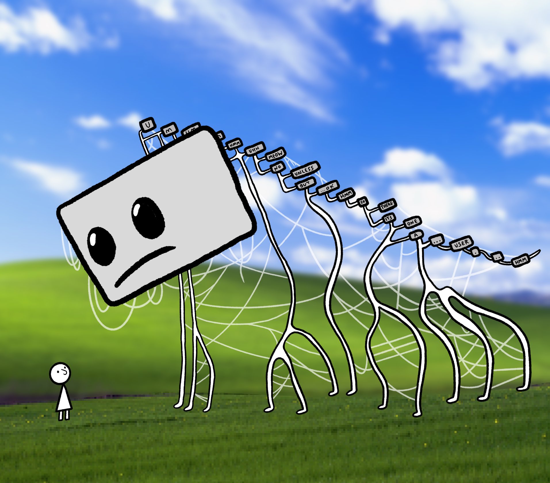 A large, cartoonish robot with a sad face stands in a grassy field under a blue sky, its body made of tangled wires and labeled with words like "USER," "HMM," and "UNLESS." A tiny stick-figure person looks up at it from the ground.