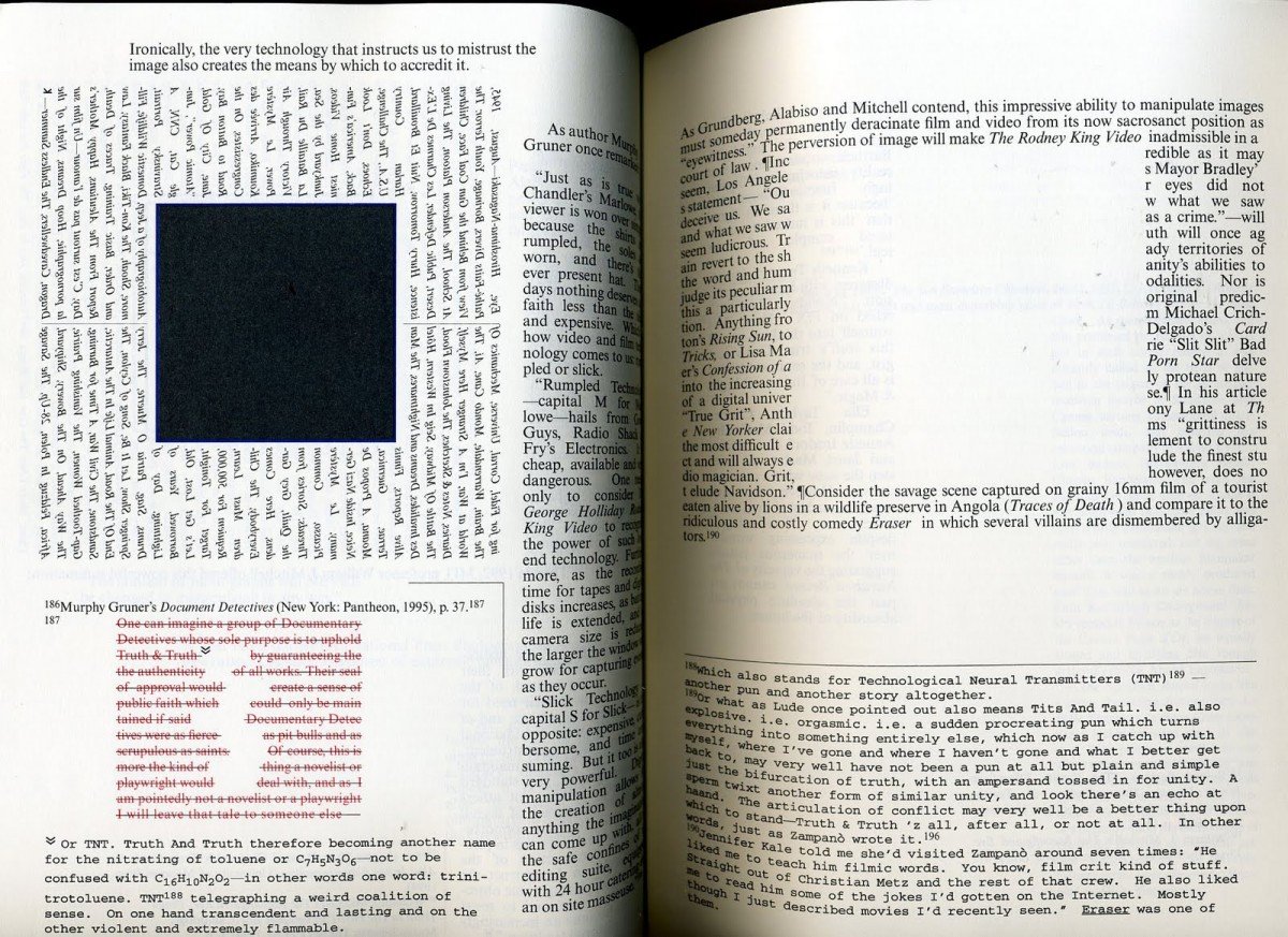 An open book displaying two pages of text with a small black-and-white image of a grid or chart centered on the left page. The text discusses film criticism, media manipulation, and technological themes, referencing authors like Murphy, Gruner, and Eraser.