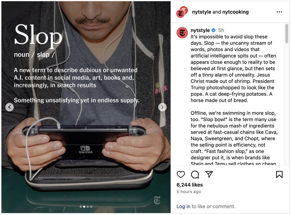 A man with a mustache and earphones is holding a Nintendo Switch, with the word "Slop" and its definition prominently displayed on the left side of the image. The image is from a New York Times Instagram post defining "slop" as artificial intelligence-generated content that appears real but is ultimately fake.