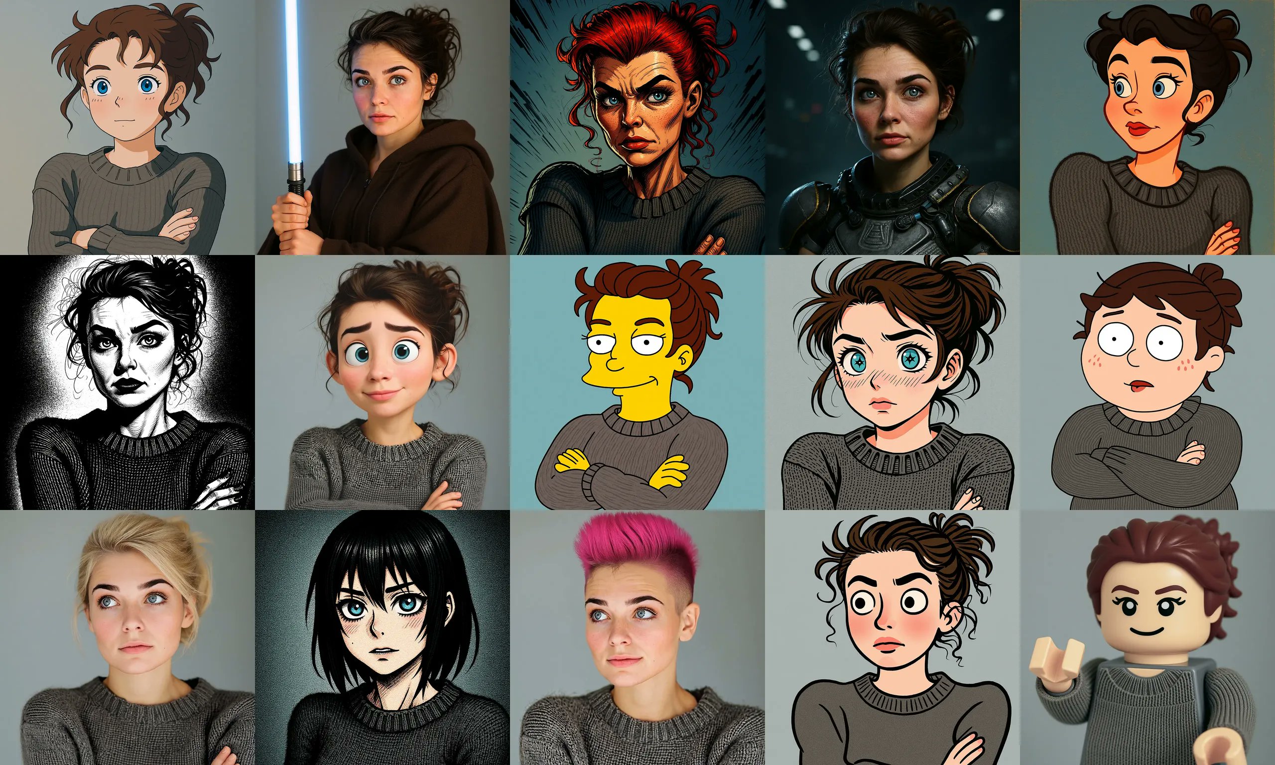 This image displays a 3x5 grid of 15 different artistic interpretations of a woman with brown hair and a gray sweater, including realistic portraits, anime styles, cartoon versions, black-and-white sketches, and a LEGO figure, all portraying her in various poses and expressions.