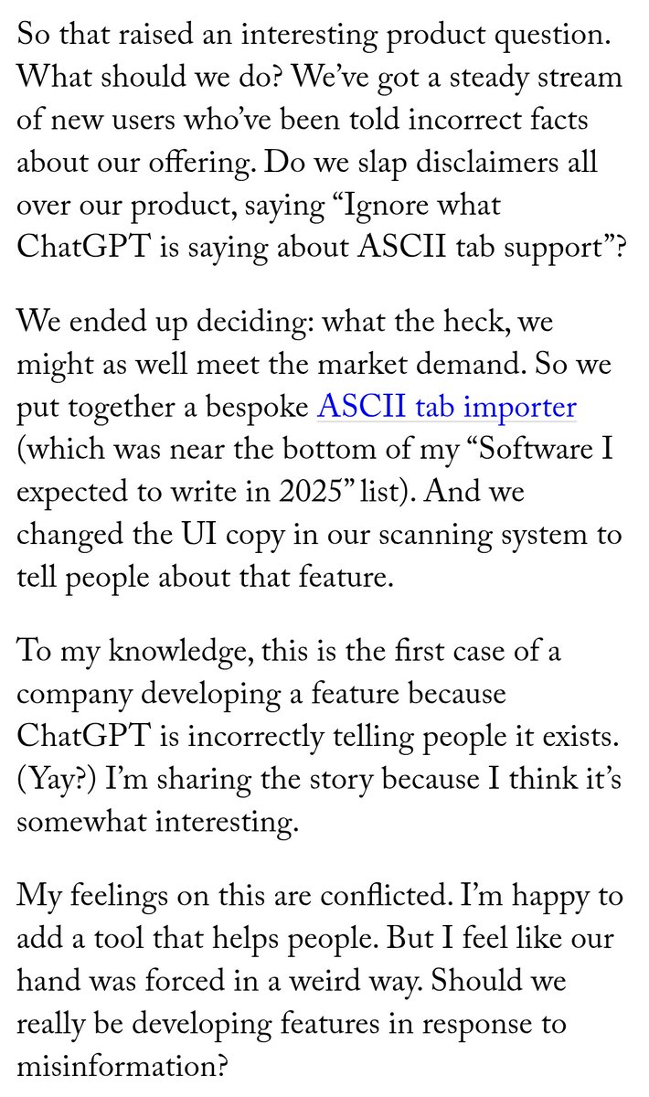 This image contains a text excerpt discussing a company's decision to develop a feature (an ASCII tab importer) in response to incorrect information provided by ChatGPT, and the author reflects on whether developing features due to misinformation is a good idea.