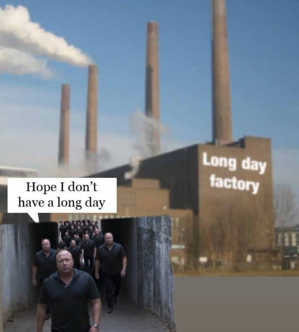 A group of men in black shirts walks through a tunnel toward a large factory with smokestacks emitting smoke, with text on the building reading "Long day factory" and a speech bubble saying "Hope I don't have a long day."