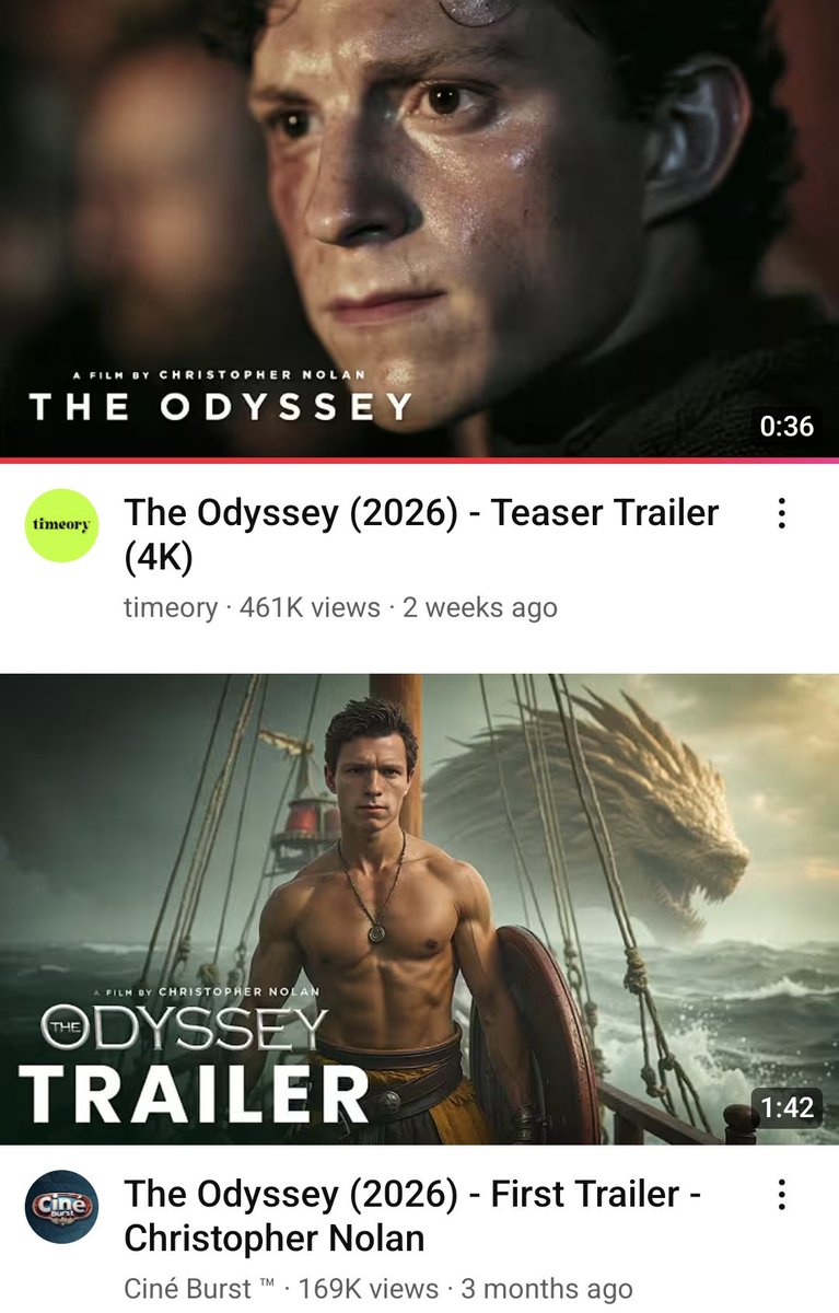 Two YouTube video thumbnails for "The Odyssey (2026)" film, directed by Christopher Nolan. The top shows a close-up of a sweating actor with a dark background, and the bottom features a muscular, shirtless actor on a ship with a dragon in the background.