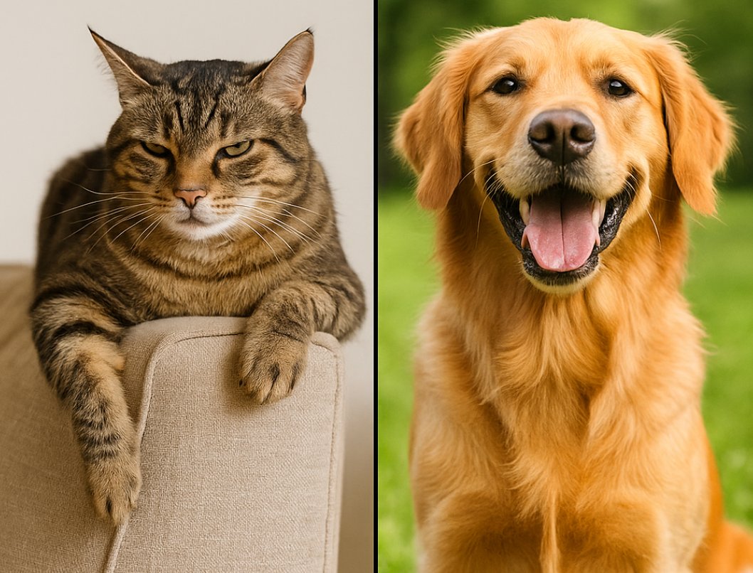 A tabby cat with a grumpy expression lounges on a beige couch, while a golden retriever with a happy, open-mouthed smile sits outdoors on green grass.