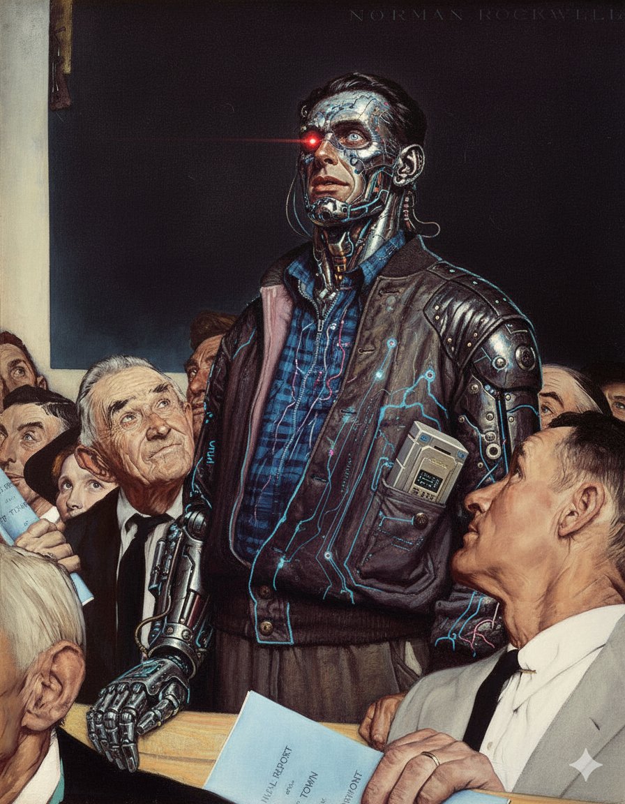 A futuristic, cybernetically enhanced man with a glowing red eye and mechanical limbs stands in a crowd of concerned, older humans, wearing a leather jacket with glowing circuit patterns and a handheld device on his hip.