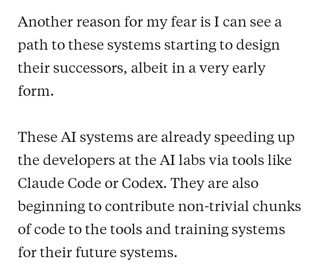 The image displays two paragraphs of black text on a white background, discussing AI systems accelerating developer work through tools like Claude Code or Codex and contributing code to future systems.