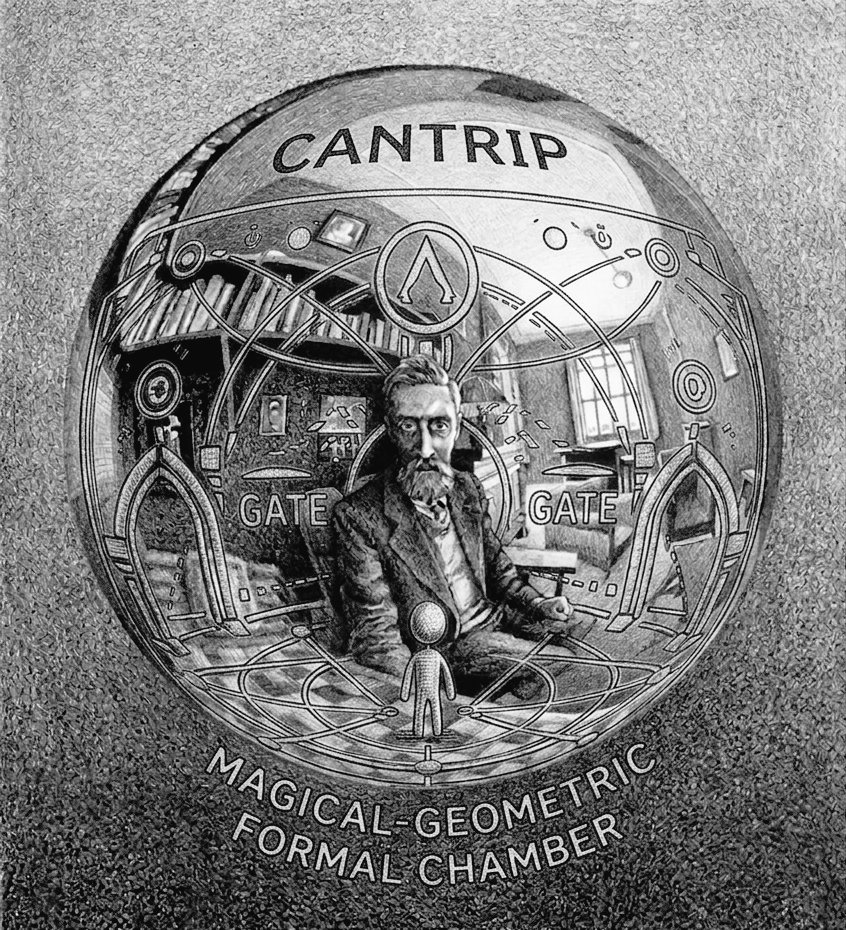 An ornate portal labeled CANTRIP and MAGICAL-GEOMETRIC FORMAL CHAMBER, with GATE repeated around the frame and a bearded figure standing inside