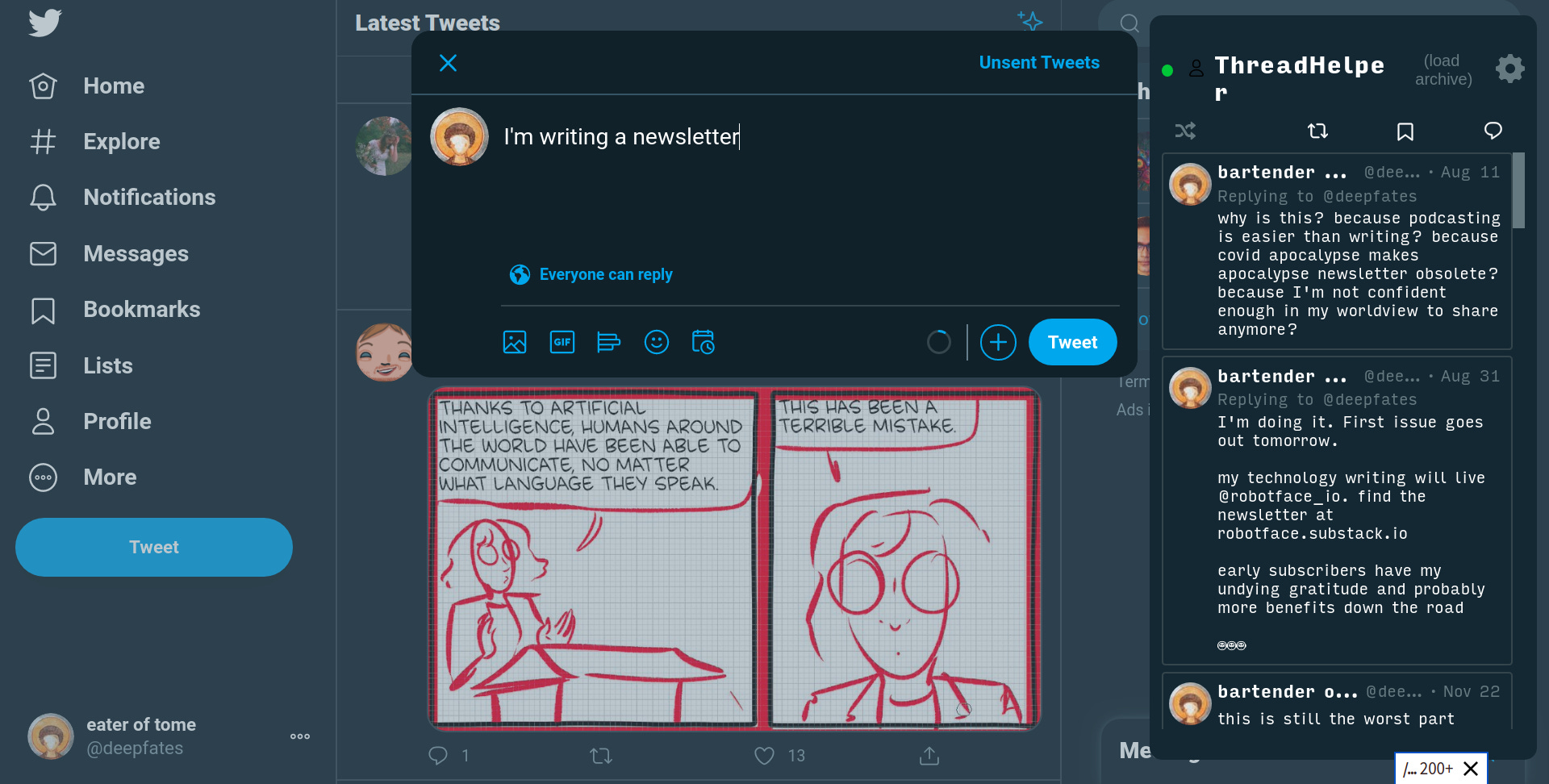 A Twitter interface showing a draft tweet reading "I'm writing a newsletter" with a blue "Tweet" button, alongside a thread from "ThreadHelp" discussing podcasting and newsletters, and a comic strip below about AI and communication.