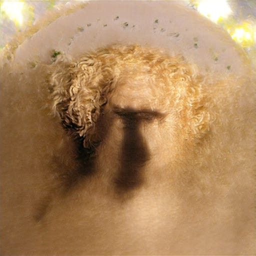 A close-up of a fluffy, curly blonde dog’s head, viewed from below with a warm, golden light illuminating its fur and casting a soft shadow.
